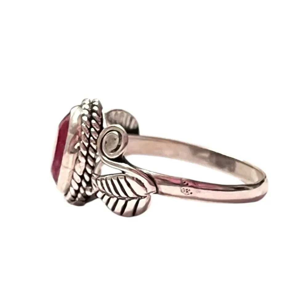 Artisan Sterling Silver Ruby Leaf Ring Size 6.5
